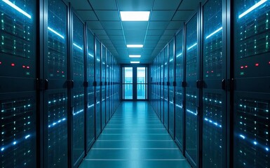 Fototapeta premium Data center with racks; a high tech data center with dim lighting; technology and innovation