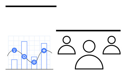 Bar chart with connecting line and gear icons symbolizing analytics. Three user icons emphasize group collaboration. Ideal for teamwork, data analysis, project management, reporting, business