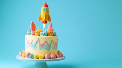 A Delightful Yellow Birthday Cake with a Rocket Ship
