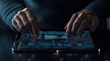 Hands interacting with a digital tablet showcasing vibrant graphics and data.