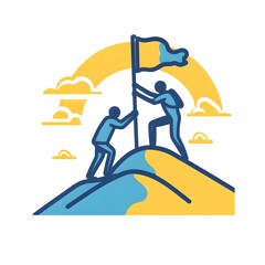 Fototapeta premium Teamwork success concept illustration with two figures raising a flag on a mountain