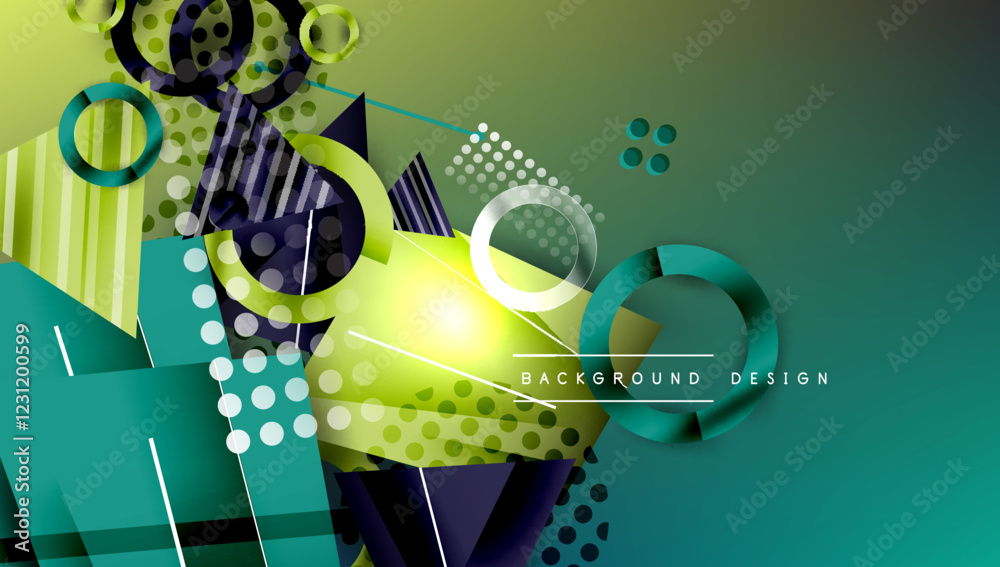 Poster Abstract background - overlapping circles, rectangles, and triangles with vibrant gradients. Semi-transparent shapes create depth and balance