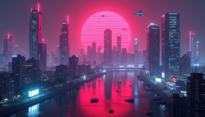 Fototapeta premium Futuristic Cityscape at Night Neon Lights Skyscrapers and Retro Sunset