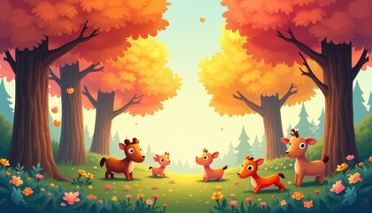 Adorable Deer Family in Autumn Forest Cartoon Illustration of Cute Fawn and Parents