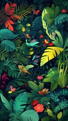 Lush Tropical Rainforest With Colorful Flying Creatures