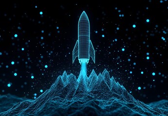 Futuristic wireframe rocket launching over digital mountain landscape in space