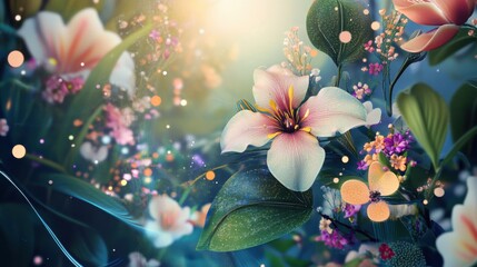 A digital garden blooming with virtual flowers and interactive elements, Nature scene, Digital art style