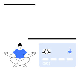 Woman in yoga pose beside a light blue contactless payment card. Ideal for mindfulness, financial planning, stress management, online payments, digital wallets, self-care, abstract line flat metaphor