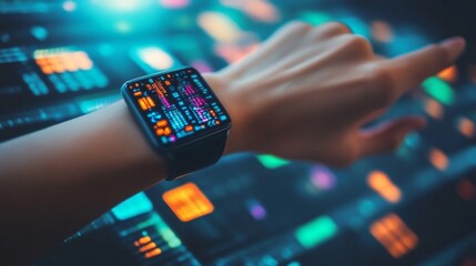 Person Wearing Smartwatch with Vibrant Neon Display Over Colorful Control Panel