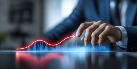 Businessman interacting with a digital growth chart showing a rising red arrow in futuristic setting
