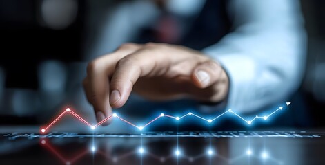 Naklejka premium Businessman interacting with a digital growth chart showing a rising red arrow in futuristic setting