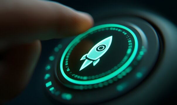 Finger pressing a glowing digital rocket launch button symbolizing startup and innovation