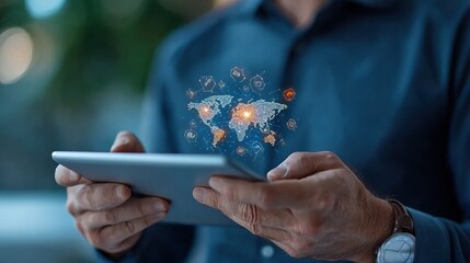 Person using tablet with digital world map and network connections displayed.