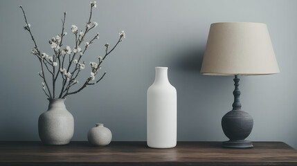 Serene still life featuring a ceramic vase with flowering branches, a matte white bottle, a small grey vase, and a table lamp.  Subtle colors and textures create a peaceful mood.
