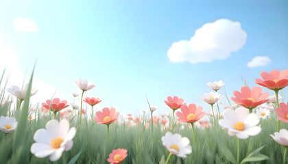Obraz premium A serene meadow filled with white and red flowers, gently swaying in the breeze under a bright blue sky.