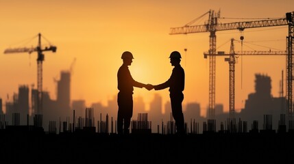 Silhouetted construction workers shaking hands at sunset, representing teamwork and growth.