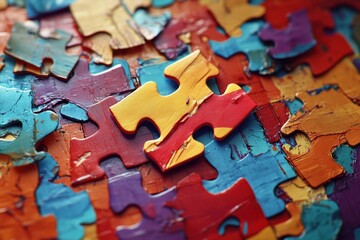 Fototapeta premium A jigsaw puzzle with a yellow piece in the middle