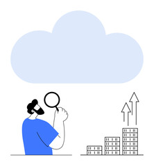 Man holds magnifying glass under a large cloud above bar charts with upward arrows. Ideal for data analysis, cloud computing, business growth, technology, statistics, innovation, abstract line flat