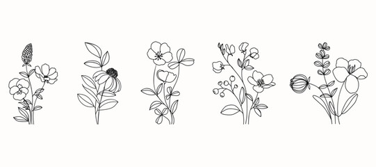 Set of hand drawn botanical flower bouquet vector. Collection black white contour drawing of foliage, wildflower, poppy, peony, eucalyptus. Illustration design for logo, wedding, invitation, decor.