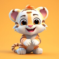 Naklejka premium Happy tiger cub sitting, 3D render, orange background, children's book illustration