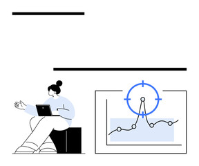Person using laptop, graph with a target icon emphasizing precision, growth trends, and insights. Ideal for business strategy, analytics, data analysis, planning, goal setting productivity abstract