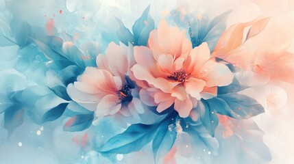 Obraz premium Serene Watercolor Floral Bouquet: Peach and Teal Blossom Dreams