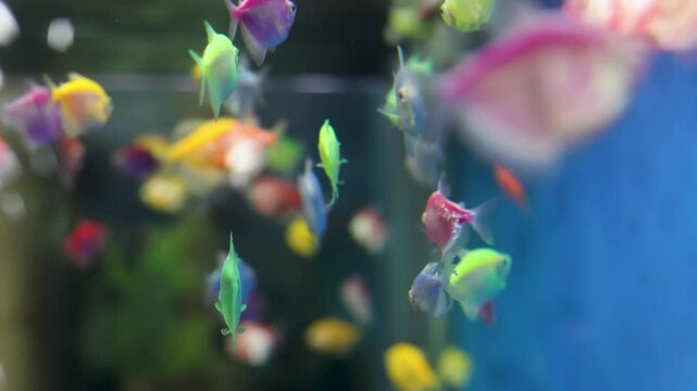 Glofish swimming in aquarium, fluorescent colored genetically modified aquarium fish