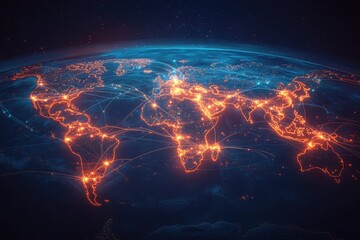 Map with pulsating lights indicating global travel routes across continents