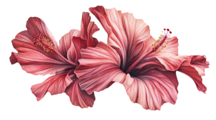 Two pink hibiscus flowers blooming on transparent background