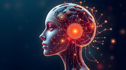 a female humanoid robot with a glowing red core and intricate gears in her brain, conceptual artwork for artificial intelligence, deep learning, cybernetics, and neural network technology