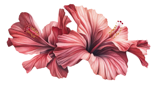 Two pink hibiscus flowers blooming on transparent background