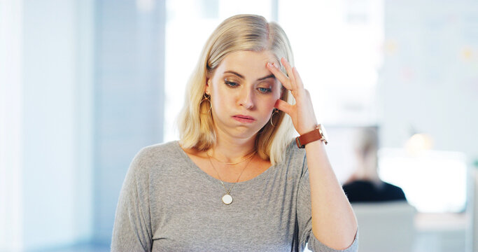 Headache, stress and woman with burnout, thinking and frustrated with writers block, tired or office. Contemplating, fatigue and author with brain fog in agency, creative and person with migraine
