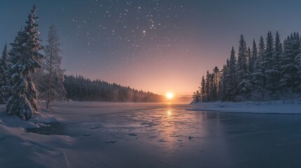 A winter landscape shows a frozen lake surrounded by snow-covered trees and a starlit sky at sunset