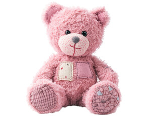 Obraz premium cute pastel pink teddy bear with stitched patches, soft and fluffy, perfect for cuddling and comforting. This adorable plush toy brings joy and warmth to any child or collector