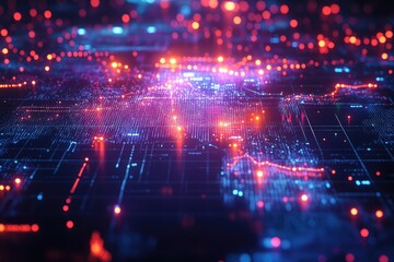 Obraz premium Map with vibrant, glowing data points connected by neon lines