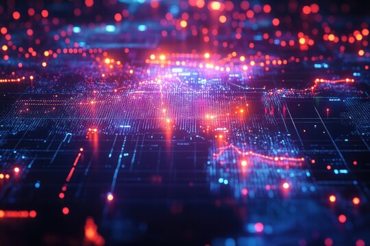 Map with vibrant, glowing data points connected by neon lines