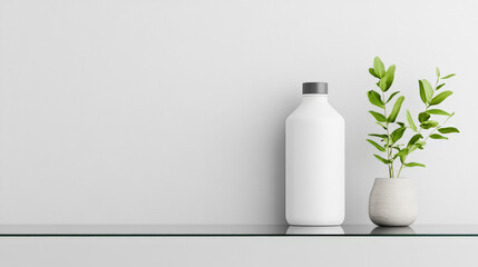 White bottle and small plant on a glass shelf against a white wall. Minimalist and clean aesthetic.