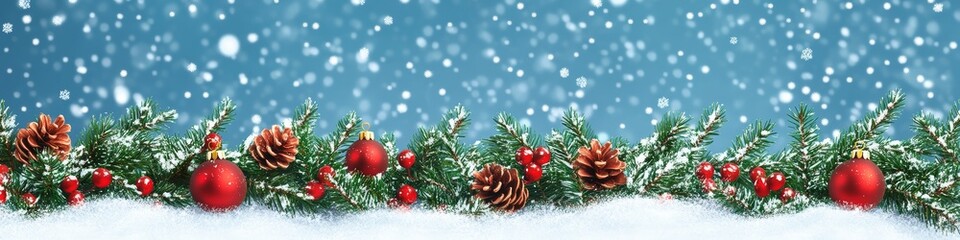 Fototapeta premium Snowy Christmas Garland with Pine Cones Red Ornaments and Berries on Winter Background