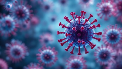 Detailed Illustration of a Microscopic Virus with Red Spikes. Generative AI