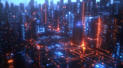 Fototapeta premium Futuristic Cityscape at Night with Glowing Neon Lights