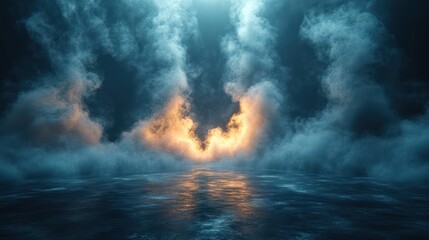 Mystical Nightscape: Ethereal Smoke and Glowing Embers Reflecting on a Tranquil Water Surface