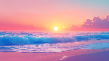 Obraz premium vibrant sunset over a quiet beach with smooth waves, large open area of sky 