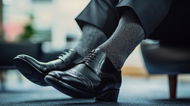 The impact of footwear: black shoes complement grey socks. 