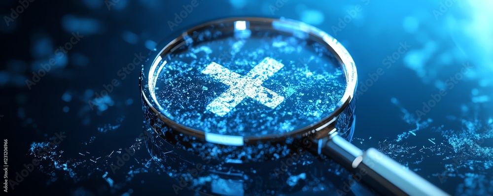 Leinwandbilder Magnifying glass emphasizing approval check mark, crossedout icons, quality control in business project proposals, blue background with validation and rejection marks