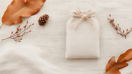Neutral-toned fabric pouch tied with twine, surrounded by dried leaves and pine cones. Autumnal vibes.
