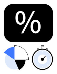 Percentage sign in black rectangle segmented pie chart with blue, black, and white sections, clock stopwatch with minute markings. Ideal for presentations, business, education, finance, time