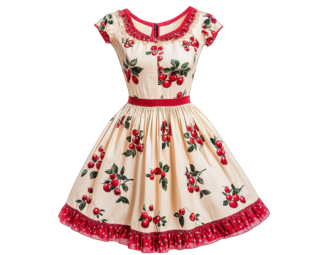 vintage inspired dress featuring cherry print, perfect for retro look. This charming piece embodies playful 50s vibe with its vibrant colors and flared skirt