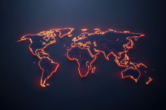 Minimalist world map outlined with glowing continent borders on a dark background