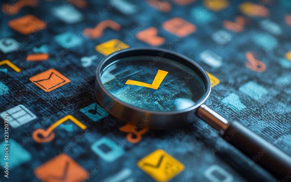 Poster business project proposal with magnifying glass emphasizing a check mark among crossedout icons, sym