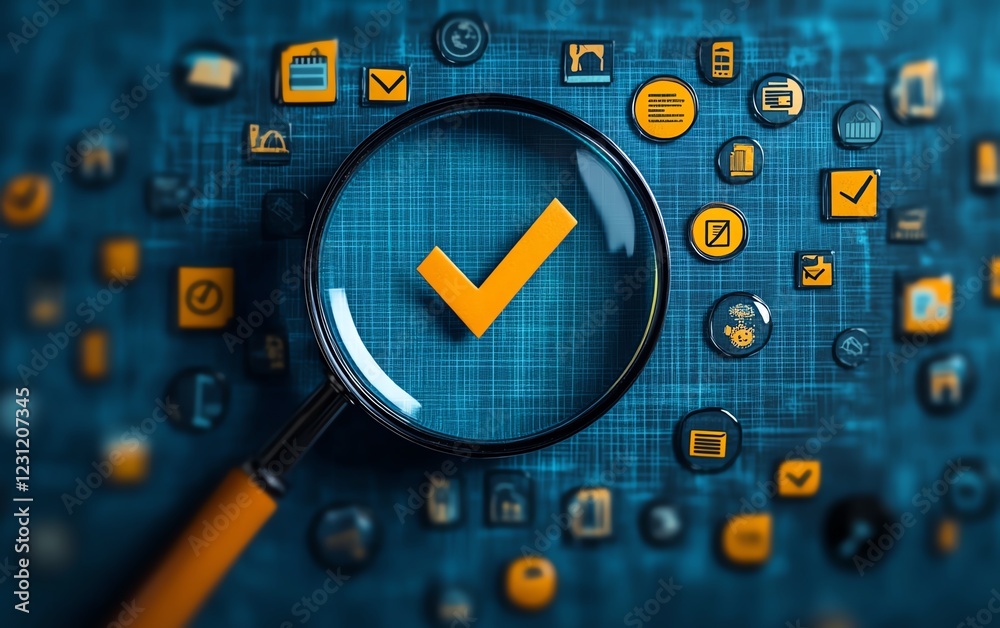 Poster business project proposal with magnifying glass emphasizing a check mark among crossedout icons, sym